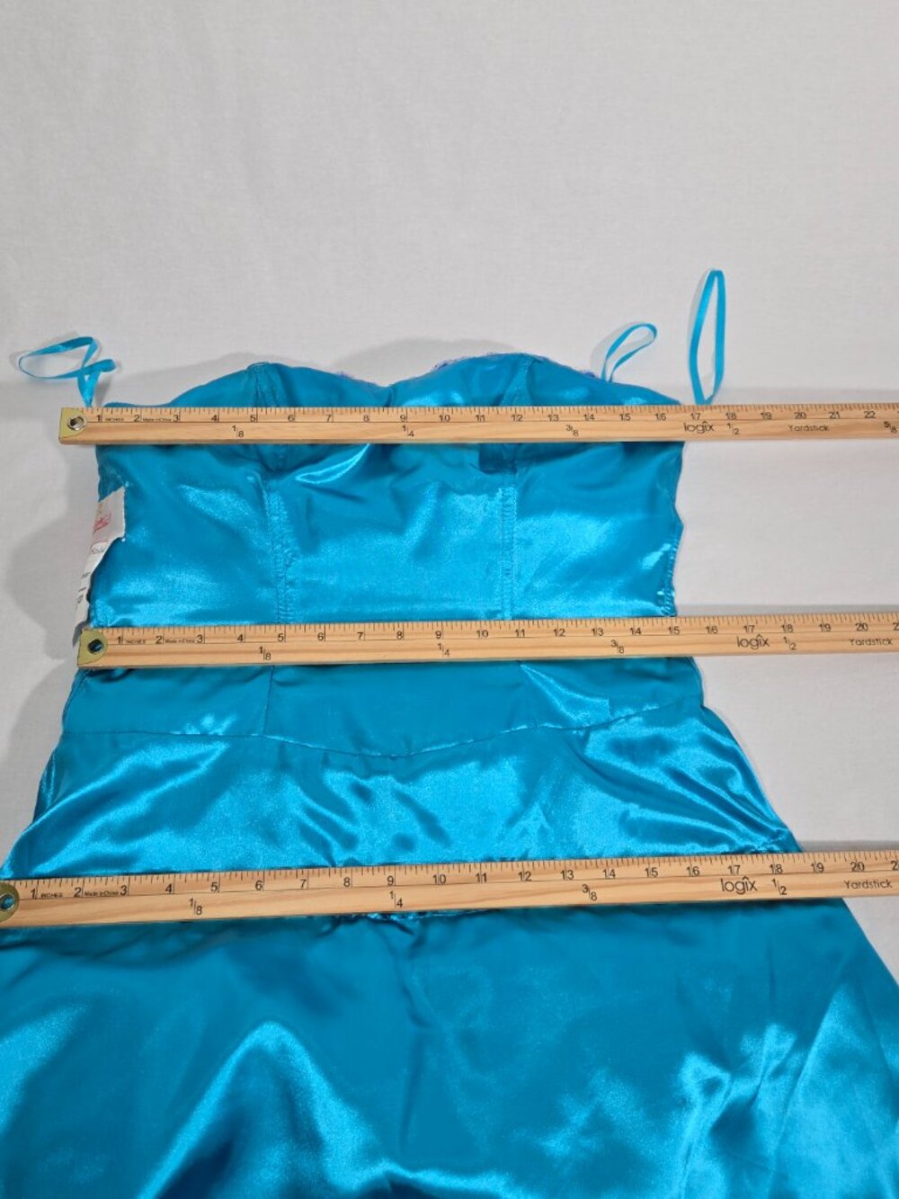Y2K Vintage PRECIOUS FORMALS Blue-Ombre Strapless Ruffles Mini DRESS Size 8-12. - Picture 16 of 17